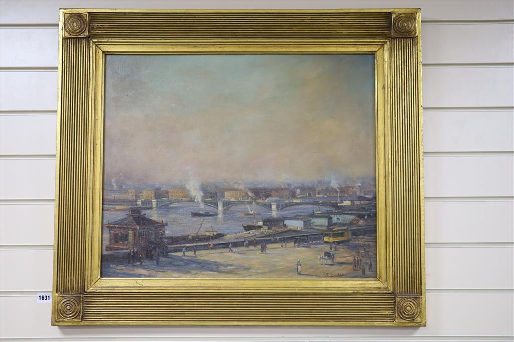 J. Desotta, oil on board, Figures beside the docks, a city beyond, signed, 49 x 60cm